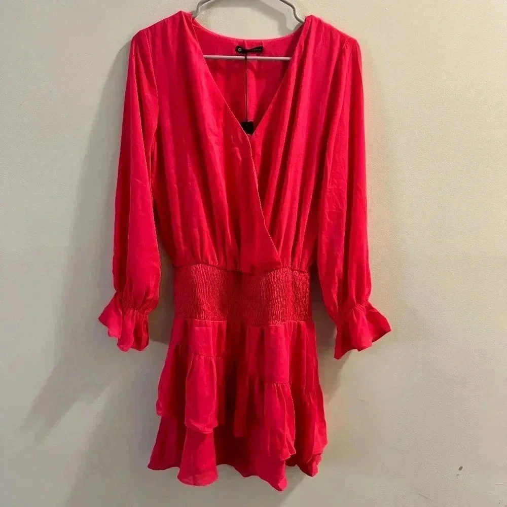 KRISA Draped Surplice Dress, Size X-Small Long Sleeve Cocktail Party-Watermelon